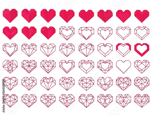 A diverse collection of pink polygonal heart icons evolving through geometric and pixelated forms