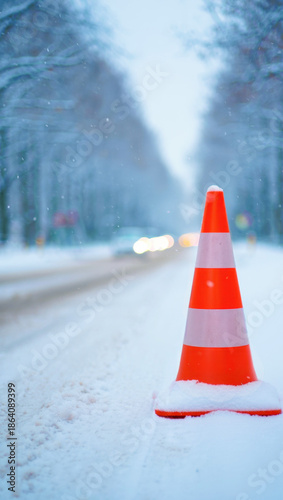 Orange traffic cone on snow-covered road in winter setting, cautionary sign for icy conditions, blurred bright headlights, safety measures on snowy streets, winter road maintenance challenges