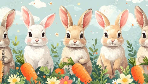 A playful and colorful illustration featuring cute rabbits surrounded by fresh carrots and flowers. Perfect for Easter themed designs and festive decorations. AI