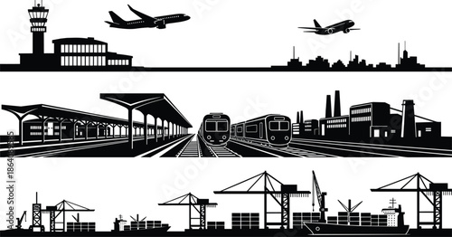 Logistics Transportation Infrastructure Black Vector Silhouette Banners, Airport Terminal and Airplanes, Rail Station and Trains, and Cargo Seaport with Cranes Illustration