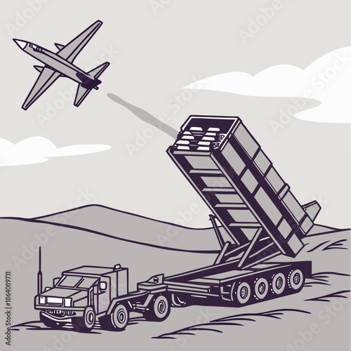 Military truck launching missile at airplane defense