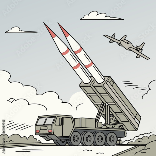 Tactical missile defense system firing upward missile launcher