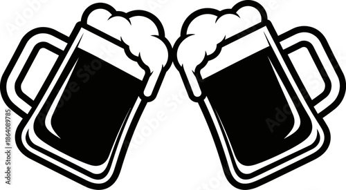 Two toasting beer mugs with foam splashing vector illustration for celebration and party graphics black and white line art style isolated on transparent background for logo design