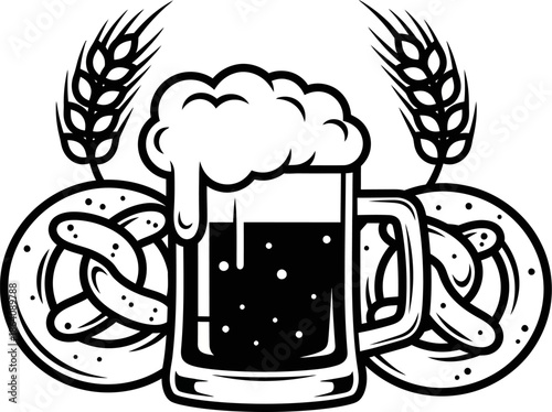 Traditional oktoberfest beer mug with pretzel and wheat stalks vector illustration for bavarian festival design projects black and white line art isolated on transparent background