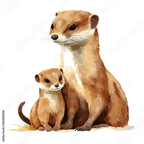 Canvas Print Mother Stoat With Her Kid, charming watercolor vector with soft tones and graceful design, isolated on a white background