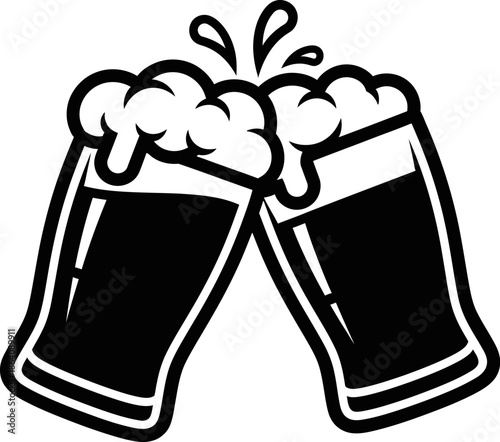 Black icon set of beer mugs clinking with frothy heads and splashing liquid, representing celebration and toast, perfect for graphic design and vector art projects