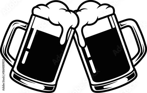 Two beer mugs with frothy tops clinking together in a celebratory toast, black silhouette vector icon on transparent background representing friendship and drinks