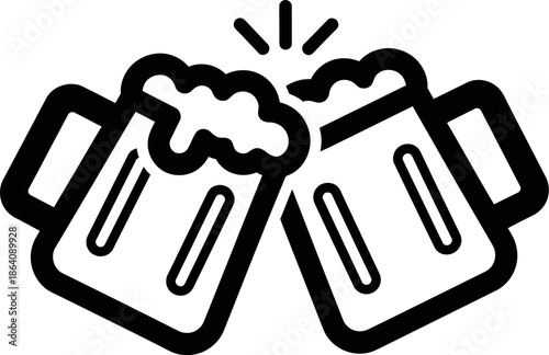 Vector silhouette of two beer glasses toasting with overflowing foam and splashing liquid, dynamic design for party and celebration themes, isolated on transparent background