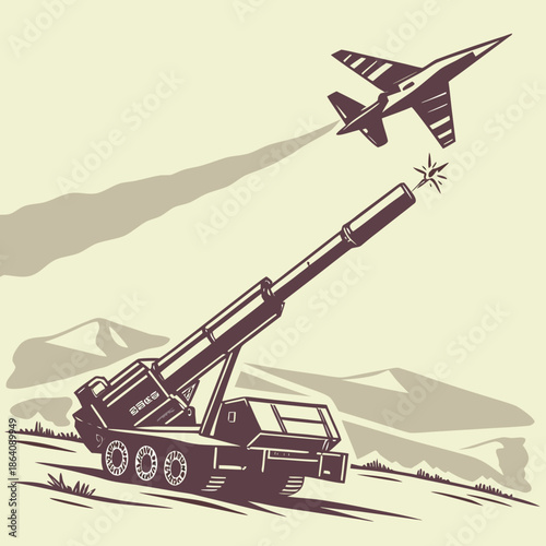 Military launcher firing guided missile at fighter jet