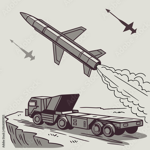 Military truck launching missile with smoke and multiple projectiles