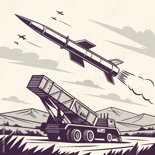 Military launcher firing guided missile from truck mounted platform