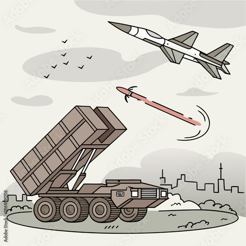 Short range air defense launcher firing missile at incoming fighter jet