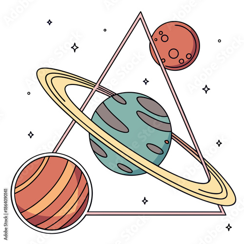 Colorful planetary bodies in triangle connection with rings and stars