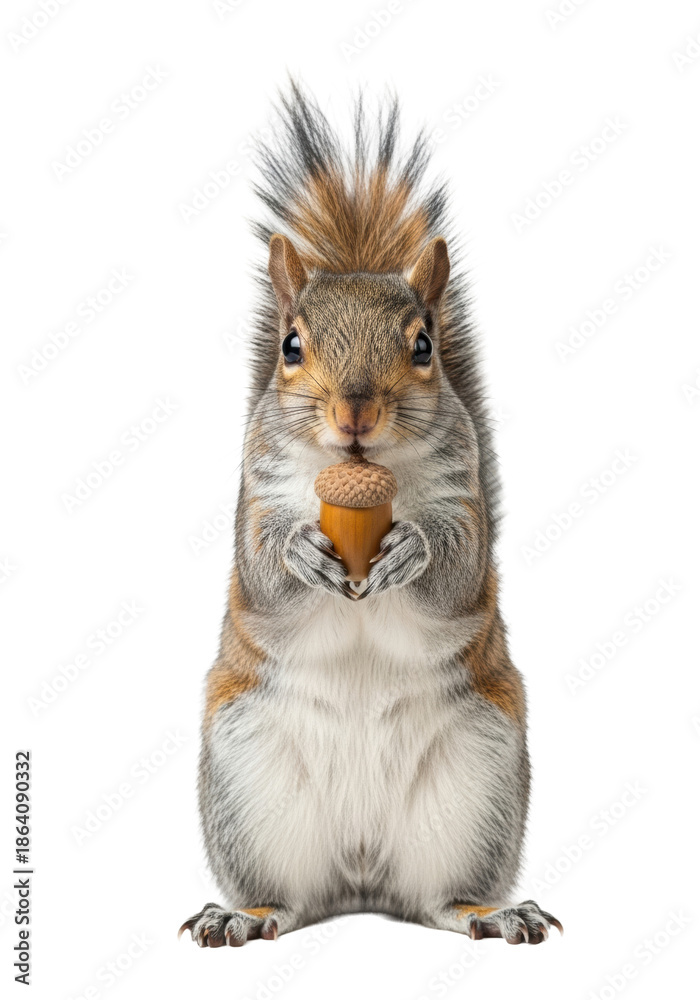 Obraz premium An adult Eastern gray squirrel with fluffy fur and bushy tail stands upright, holding an acorn, looking at camera on a transparent background with copy space, studio wildlife photography concept.