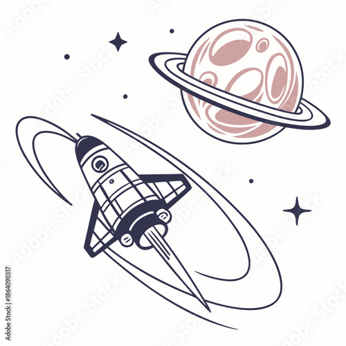 Stylized space capsule orbiting a glowing planet