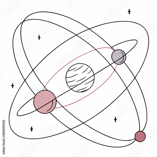 3 D orbital mechanics diagram with planets and rings in geometry