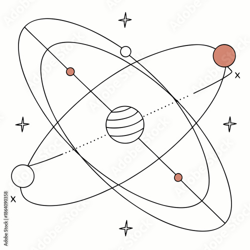 3 D orbital mechanics diagram with planet and satellites in geometry