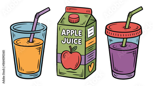 Refreshing Assortment: A trio of drinks, each enticing with its vibrant color and refreshing appeal. A glass of golden juice, a box of apple juice, and a cup of delightful beverages