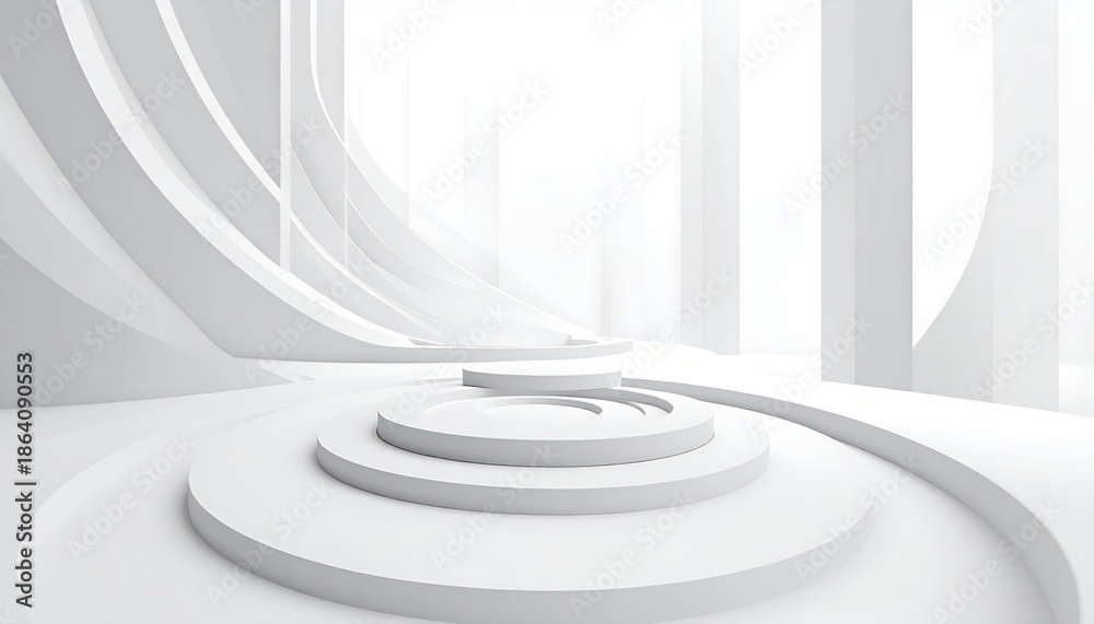Obraz premium Abstract White Architecture Interior with Circular Platform and Curves.