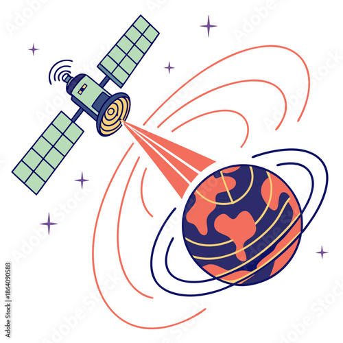 Satellite emitting energy beam towards rotating planet earth