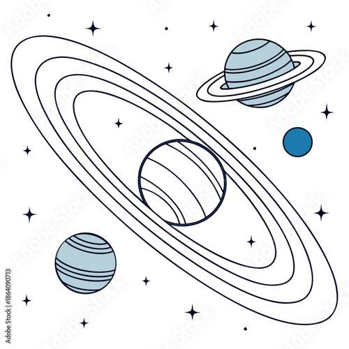 Multi planet system with rings and stars planets space