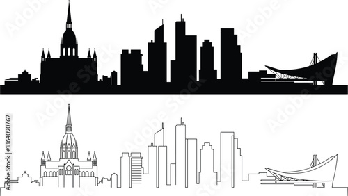 Melbourne, Australia, city skyline vector silhouette and outline illustration featuring St Patrick's Cathedral, modern skyscrapers, and the iconic AAMI Park Stadium.