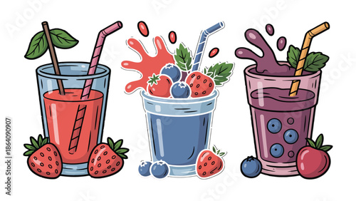 Fruitful Refreshments: A vibrant illustration showcasing three refreshing fruit smoothies, each brimming with luscious berries, inviting with their cheerful, fresh appeal.