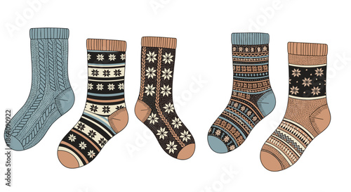 Set of five cozy and colorful knitted winter socks with various traditional Nordic and cable-knit patterns for cold weather.