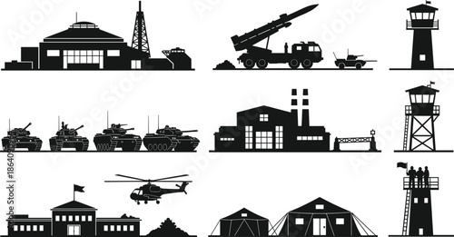Military base and defense equipment silhouette set including tanks missiles helicopters buildings and watchtowers isolated on white background vector illustration