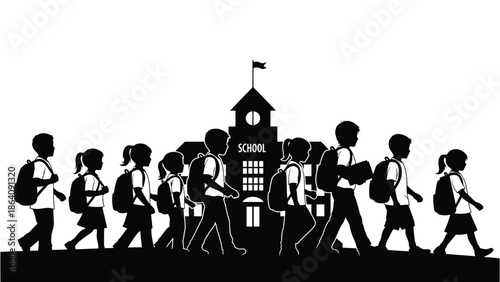 A silhouette of students walking towards a school building with a flag