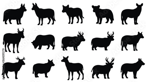 Silhouettes of various wild ungulates including deer bison and antelope