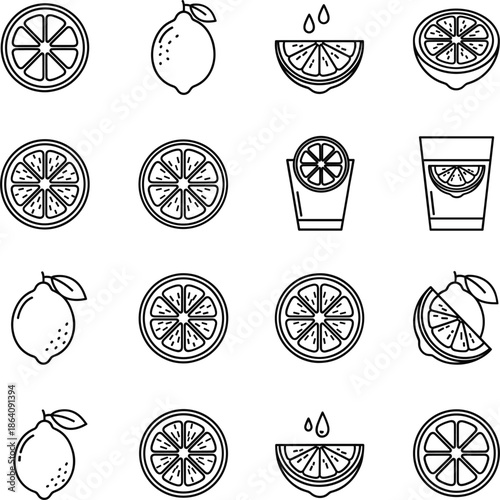 Lemon and citrus fruit outline icon set featuring slices, juice glasses, fresh produce, and food elements