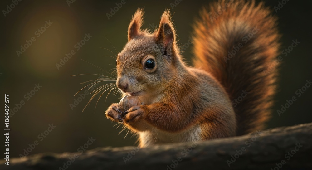 Fototapeta premium Squirrel portrait bright, furry, gripping a nut