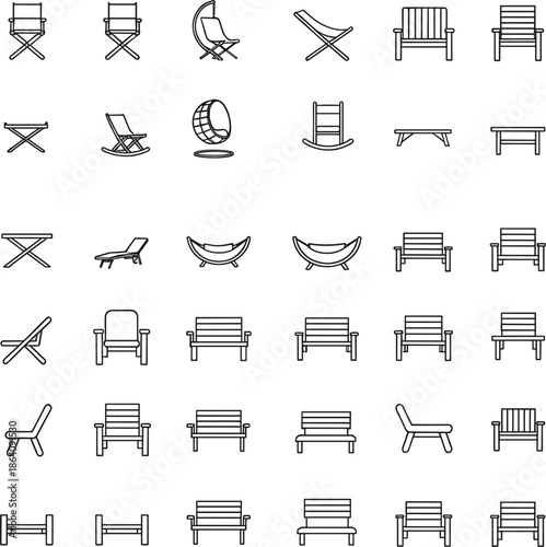 Outdoor and indoor chair furniture outline icon set featuring benches, lounge chairs, seating, and modern furniture designs