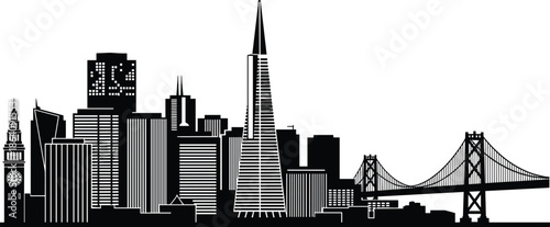 Modern city skyline silhouette with skyscrapers and suspension bridge, urban architecture panorama, metropolitan downtown vector illustration for travel and business design