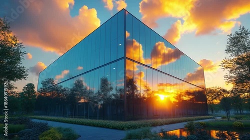 Contemporary Architectural Marvel at Sunset: A modern architectural masterpiece, enveloped in a symphony of colors, mirrors the beauty of a breathtaking sunset.