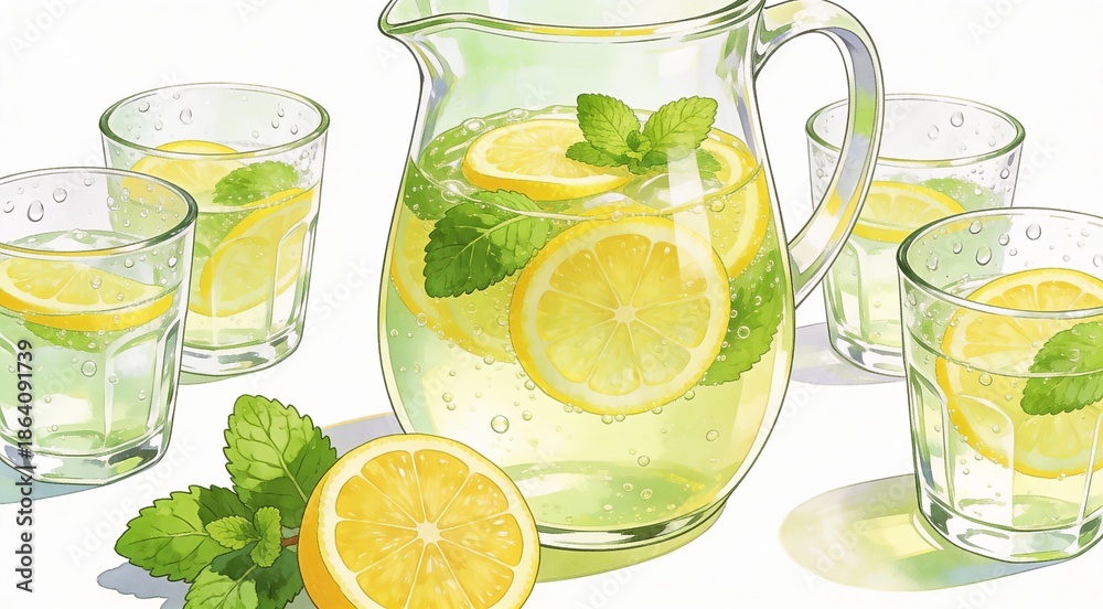 Fototapeta premium High-quality creative illustration of pitcher of refreshing lemonade with lemon slices and mint leav