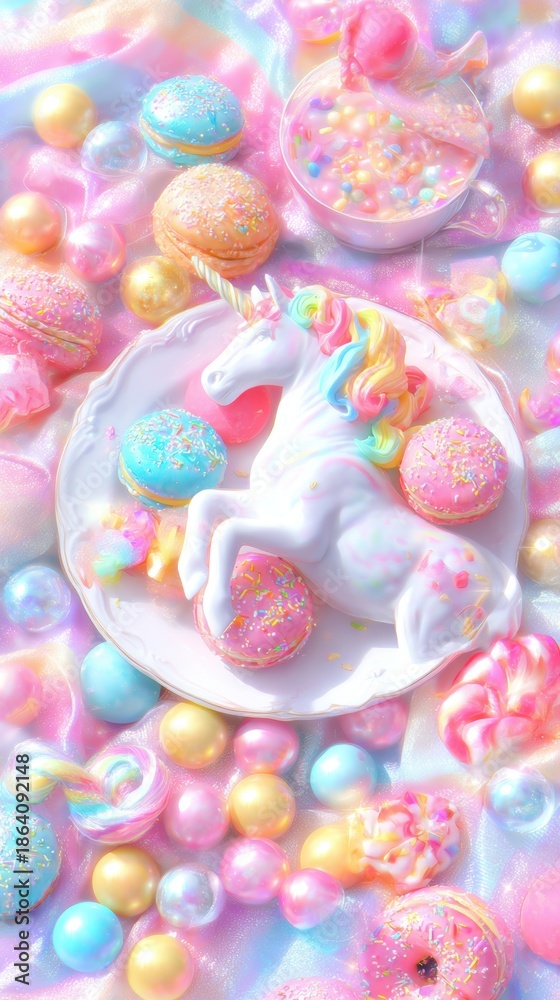 Fototapeta premium Sweet Unicorn Fantasy: A dreamy composition, features a charming unicorn sculpture set amid a sea of vibrant sweets, creating a whimsical and enchanting visual experience.