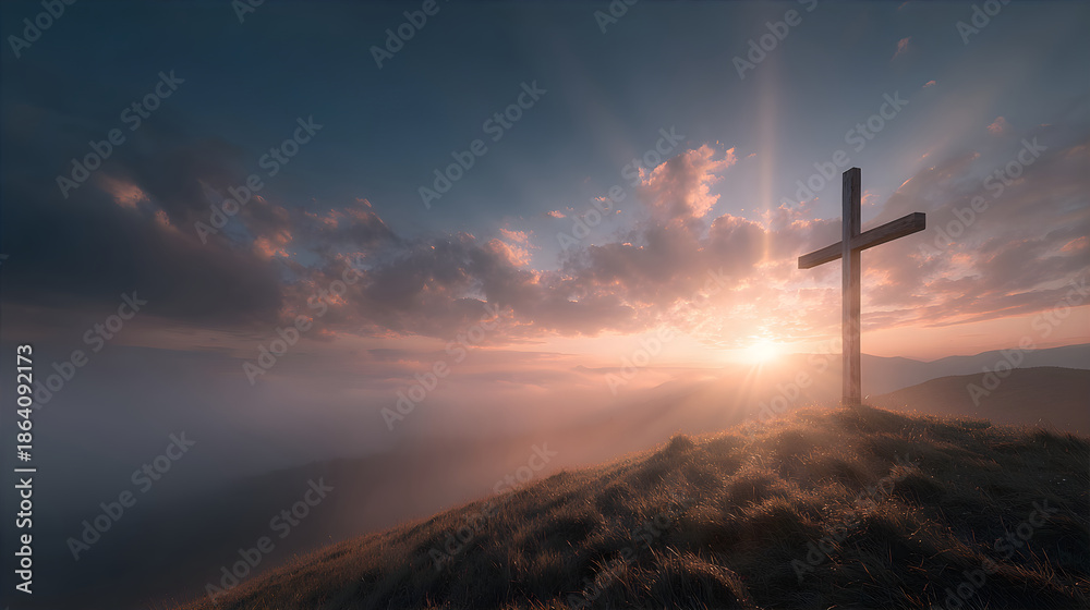 Obraz premium Wooden cross on a hill against a dramatic sunset sky. Symbol of faith, sacrifice, and hope for Easter. Religious concept for worship and spirituality.
