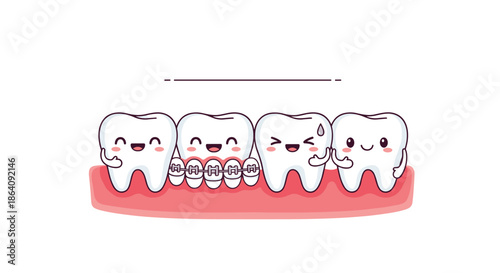 Cute cartoon dental illustration showing four teeth on pink gums with one tooth wearing metal braces and another looking nervous.