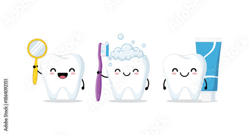 Set of three adorable cartoon teeth characters holding a dental mirror, a purple toothbrush with foam, and a blue tube of toothpaste.