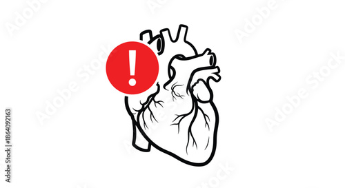 Black and white anatomical heart outline featuring a red exclamation mark warning icon signifying a medical emergency or heart problem.