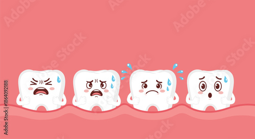 Row of four cartoon teeth characters expressing fear, worry, and sadness while sitting in inflamed pink gums to show dental distress.