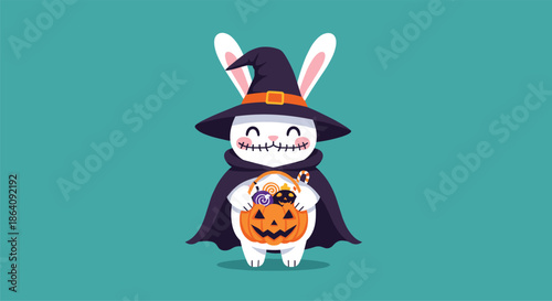 Adorable white bunny dressed in a witch costume with a black cape and hat holding a pumpkin bucket filled with candies.