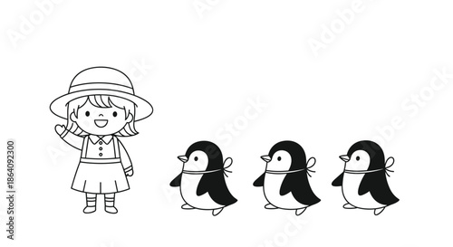 Simple black and white line art illustration of a young girl waving to three cute penguins walking in a row behind her.