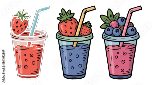 Berry Refreshments: a collection of vibrant smoothies, each adorned with fresh berries and a straw, promising a burst of fruity delight.