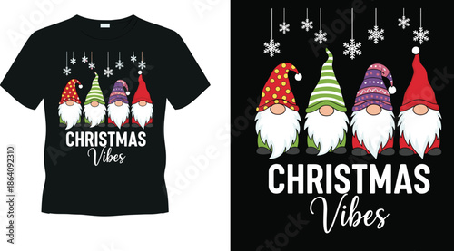 Christmas gnome t shirt design illustration, festive holiday vibes typography graphic with cute gnomes snowflakes for winter apparel print use