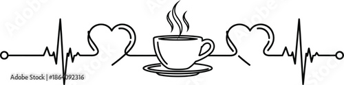 Coffee Love Heartbeat Line Art Vector Illustration, Minimal Coffee Cup with Heart Pulse Design