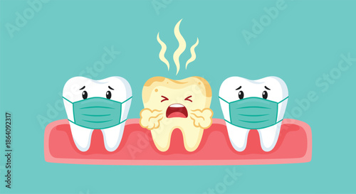 Health comparison illustration showing two teeth wearing medical masks standing next to a decaying tooth with bad breath.
