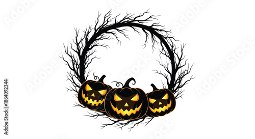 Eerie Halloween wreath made of tangled black branches featuring three glowing carved jack-o-lantern pumpkins on a white background.
